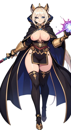 (((Best Quality))) , ((full body)), female, reference sheet, solo, (white background), holding staff, gauntlets, robe, thigh high, loin cloth only, cloak,