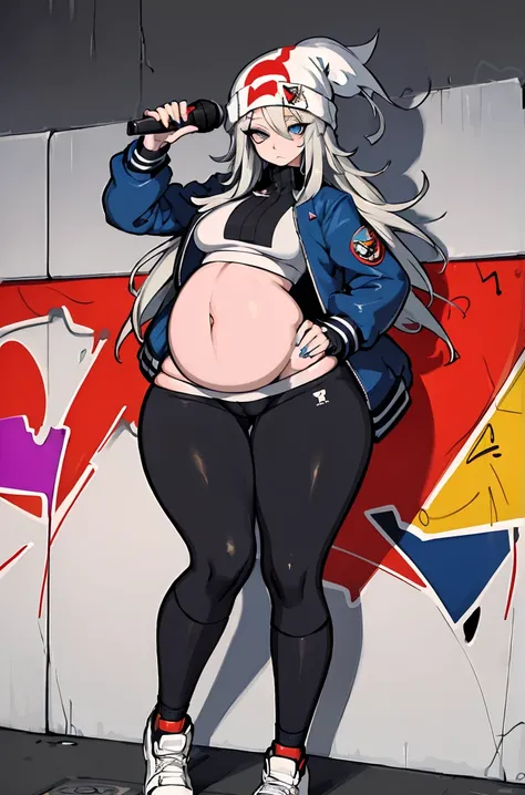 (masterpiece:1.2, best quality), (graffiti wall:1.2), 1lady, beanie, jacket, Leggings, blue eyes, fullbody, pregnant, pregnant rapper, holding microphone, holding microphone up to stomach, hips jutting forward, one hand on hips, outie navel, pussy peek, wi...