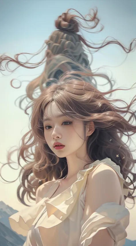 The stunningly beautiful woman stood atop the mountain, her hair billowing in the wind and her eyes sparkling with determination. Describe her presence and how her beauty complemented her strength and resilience.