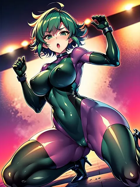 Bodysuit, tights, 26 years old ,Healthy waist ,Deep green short cut hair ,high-heels ,fighter