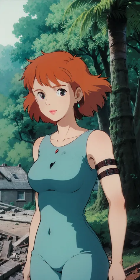 ghibli style, Nausicaa (Nausicaa), 1girl, 30 y.o., armlet, bangs, orange hair, Nausicaa outfit, breasts, earrings, floating hair, forest, brown eyes, jewelry, looking at viewer, medium breasts, sea of decay crumbling buildings,  outdoors, parted bangs, shi...