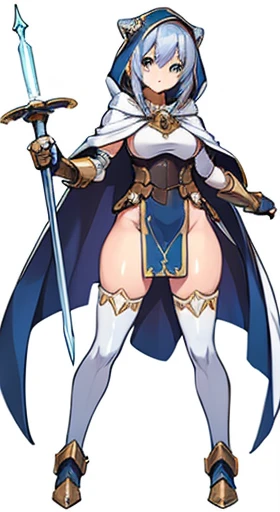 (((Best Quality))) , ((full body)), female, reference sheet, solo, (white background), holding staff or sword, gauntlets, thigh high, loin cloth only, cloak, armored dress,