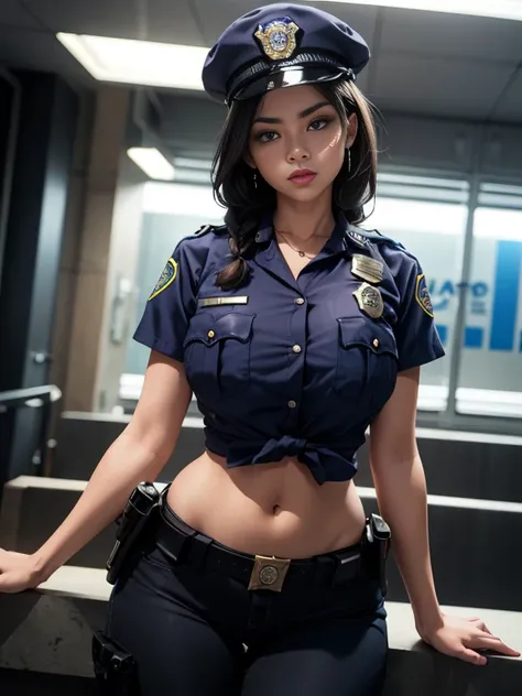 Background Story (with sexy female police uniform and police cap: 1.4), good hand, 4k, high resolution, master part, best quality, Head: 1.3, ((Fotografia Hasselblad)), japonesa, long hair with braid, pele finamente detalhada, Clear focus, (cinememic light...