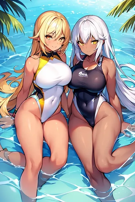 2girls, dark-skinned females, dark-skinned female, breasts, large breasts, wide hips, white hair, long hair, yellow eyes, smile, smirk, smug, sleeves, short sleeves, one-piece swimsuit, competitiom swimsuit, poolside, full body, ((full body)), adult