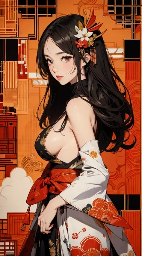 ((8k wallpaper of extremely detailed CG unit, ​masterpiece, hight resolution, top-quality, top-qualityのリアルテクスチャスキン)), (very beautiful and attractive woman, Plump lips, The upper part of the body, Hands in pockets:1.5, Wear a Japanese-patterned haori over a...