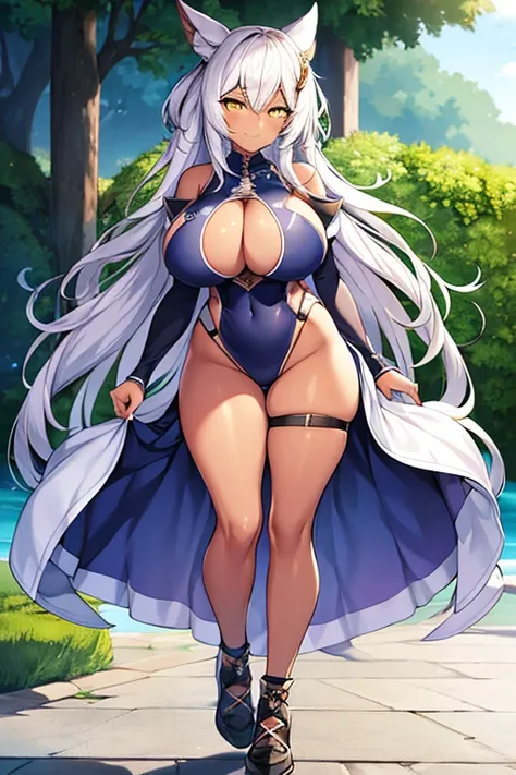 1girl, dark-skinned female, breasts, large breasts, wide hips, white hair, long hair, yellow eyes, smile, smirk, smug, sleeves, short sleeves, one-piece swimsuit, competitiom swimsuit, poolside, full body, ((full body)), standing