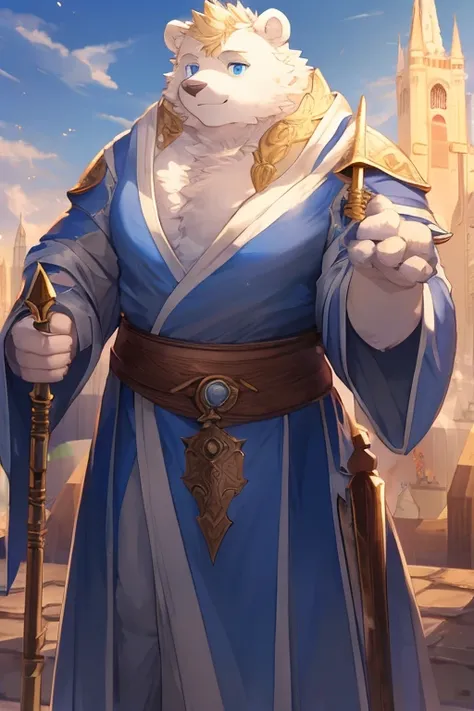 white bear,male people,Tall.well-muscled,Blue eyes,a blond,robe,sorcerer,hold a long cane,Medieval cityscape,Looking at the camera,Gentle expression,