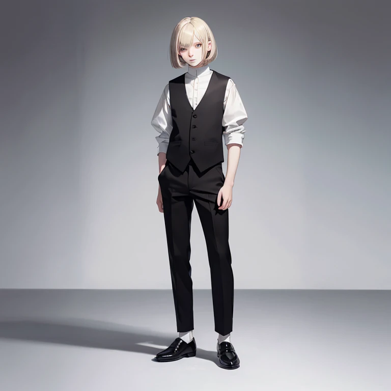 full body,from side,standing,(White background),(solo 15 years old pale skin Boy),blond long bob cut,red eyes,(black vest),(white shirt),(black pants),(brown loafers),