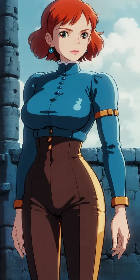 ghibli style, Nausicaa (Nausicaa), 1girl, 30 y.o., armlet, bangs, orange hair, Nausicaa outfit, breasts, earrings, floating hair, brown eyes, jewelry, looking at viewer, big breasts, parted bangs, shirt, medium hair,  solo, blue shirt , steampunk, ((master...