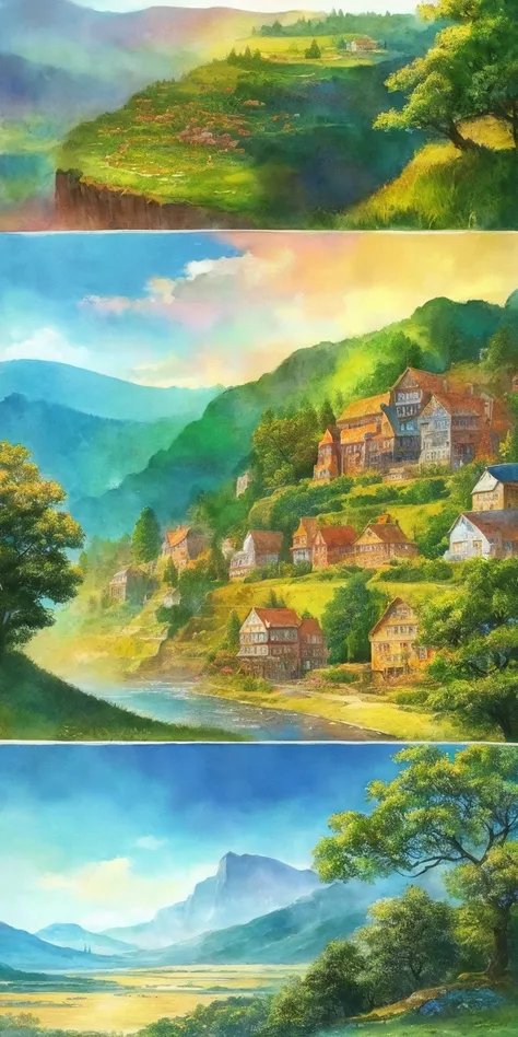 fantasy landscape, watercolor illustration, whimsical, warm colors, fairytale village, houses, ((masterpiece)), highly detailed environment