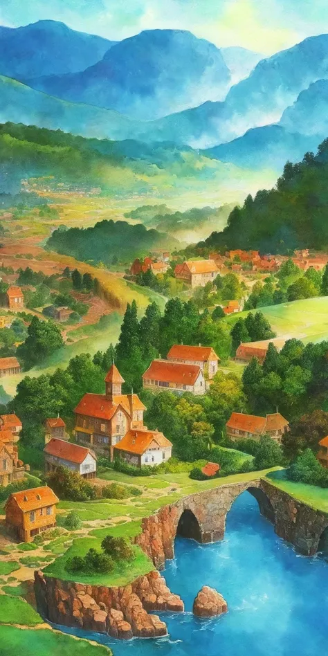 fantasy landscape, watercolor illustration, whimsical, warm colors, fairytale village, houses, ((masterpiece)), highly detailed environment