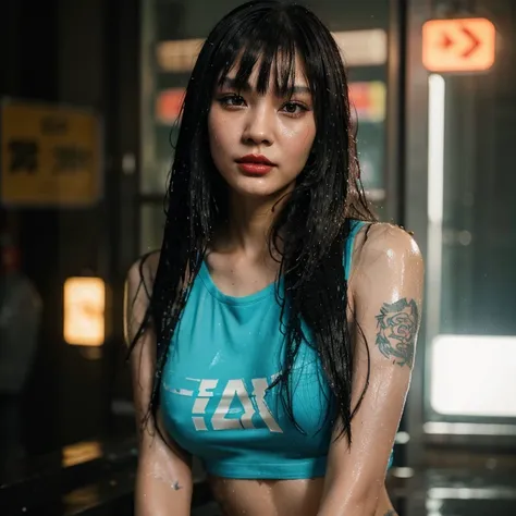 beautiful girl, Half Thai-Chinese face. The body is a cyberpunk robot. , long-haired, bangs, And put red lipstick on her lips. He has tattoos all over his body., His body is wet., His shirt is wet..