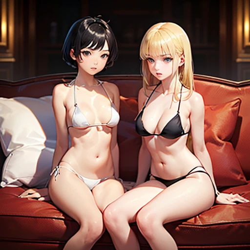 masterpiece, best quality, ultra detailed, beautiful face, beautiful skin, professional lighting, 2girls, ((on the left, (((flat chest black bikini short black hair girl))))), ((a little further away on the right, (((large breasts white bikini long blonde ...