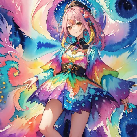 (Masterpiece, top-quality, Official Art, Beautiful and aesthetic:1.2), (One Girl:1.3), (kaleidoscope:1.2), ighly detailed, colourfull, Top Detail, (watercolor paiting:1.3), light mixing, Playful patterns, lively texture, rich colours, ユニークな視覚効果 Fractal art...