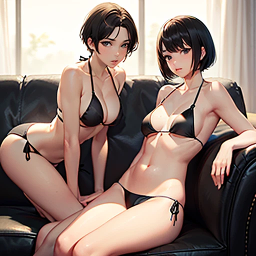 masterpiece, best quality, ultra detailed, beautiful face, beautiful skin, professional lighting, 2girls, ((on the left, (((flat chest black bikini girl with short black hair))))), ((a little further away on the right, (((large breasts white bikini girl wi...