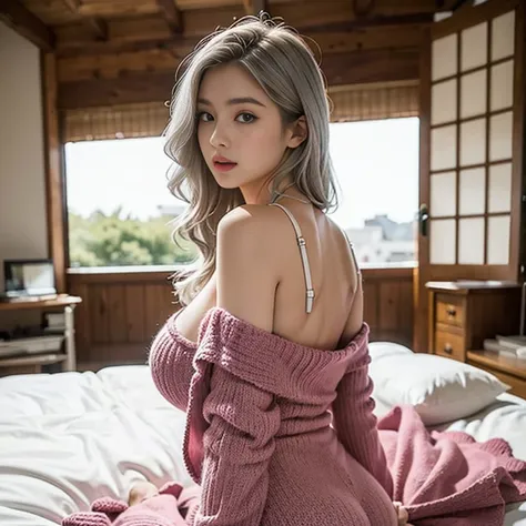 8K, Best Quality, masutepiece:1.2), (Photorealistic:1.4), Raw photo, Best Quality, 超A high resolution　a beauty girl　Beautiful butt　　gigantic cleavage breasts　tthin eyebrows　on the beds　(Huge breasts:1.2) 　Arch the back　stick out buttocks　Emphasis on the ch...