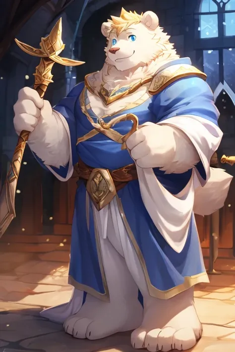 white bear,male people,Tall.well-muscled,skinny body shape,Blue eyes,a blond,white robes,sorcerer,hold a long cane,fantasy worlds,medieval times,Looking at the camera,Gentle expression,