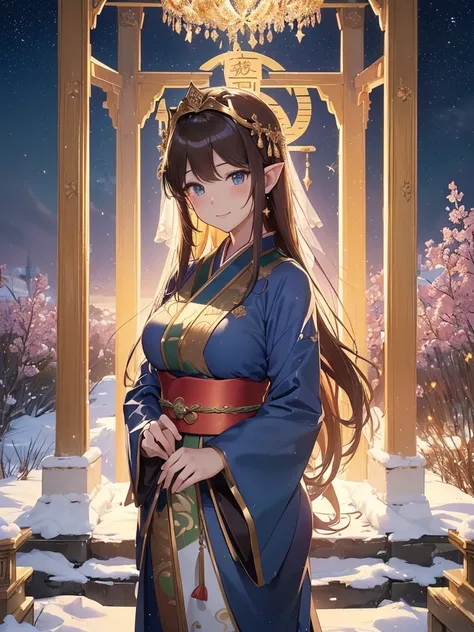 top-quality、Top image quality、​dagashi terpiece、Super beautiful elf beauty((24 year old、Japan kimono、Japan priestess costume、Best Bust、big bast、Bust 90,beautiful blue long ironed hair、Brown hair、、A A sexyは、A slender、a closeup、Esbian、beautiful tiara、hiquali...