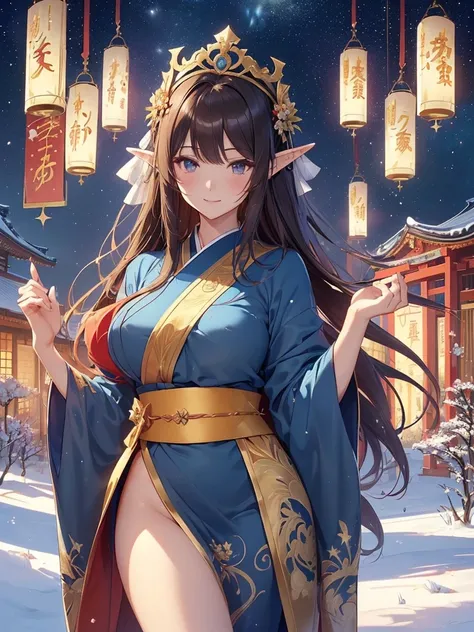 top-quality、Top image quality、​dagashi terpiece、Super beautiful elf beauty((24 year old、Japan kimono、Japan priestess costume、Best Bust、big bast、Bust 90,beautiful blue long ironed hair、Brown hair、、A A sexyは、A slender、a closeup、Esbian、beautiful tiara、hiquali...