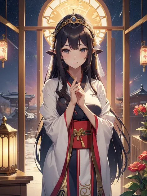 top-quality、Top image quality、​dagashi terpiece、Super beautiful elf beauty((24 year old、Japan kimono、Japan priestess costume、Best Bust、big bast、Bust 90,beautiful blue long ironed hair、Brown hair、、A A sexyは、A slender、a closeup、Esbian、beautiful tiara、hiquali...