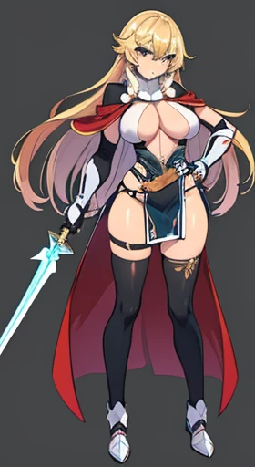 (((Best Quality))) , ((full body)), female, reference sheet, solo, (white background), holding staff or sword, gauntlets, thigh high, loin cloth only, cloak, long hair,