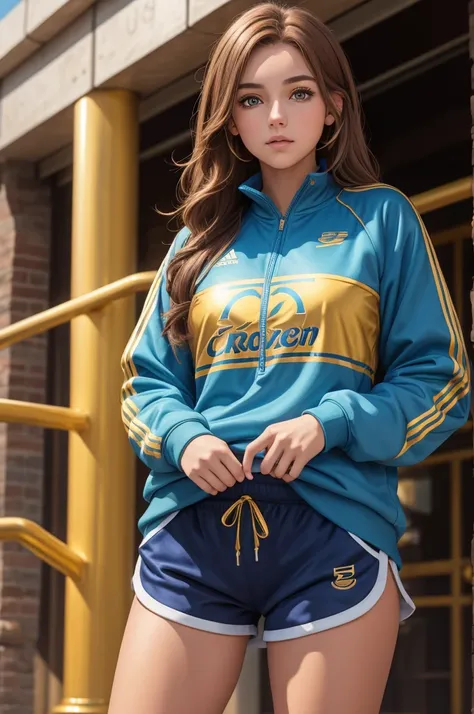 1girl, Celtic goddess Epona as a college student, Chestnut Brown hair, Hazel eyes, wearing blue track top with gold sleeves and blue thigh length track shorts with gold stripes, Campus track, absurdres, high res, ultrasharp, 8K, masterpiece