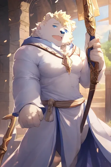 white bear,male people,Tall.well-muscled,skinny body shape,Blue eyes,a blond,white long robe,magia使い,hold a long cane,fantasy worlds,medieval times,Looking at the camera,Gentle expression,magia