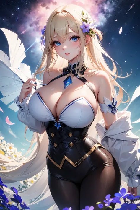 蹲下,(absurd res, A high resolution, ultra - detailed, hyper HD, Cinematic), Alone, 1个Giant Breast Girl, mature, Happy,hime cut,long hair,blue eyes, (huge breasts:1.6),cleavage, collarbone, bare shoulders,armbands,(corset), girl standing in light blues flowe...