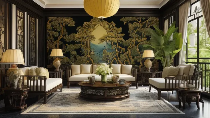 (( masterpiece)) (( ultral realistic)) (( sharp forcus)) (( high detail)) livingroom in indochina style,china , vietnam, black w...