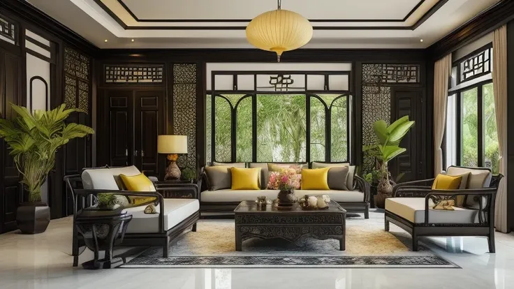 (( masterpiece)) (( ultral realistic)) (( sharp forcus)) (( high detail)) livingroom in indochina style,china , vietnam, black w...