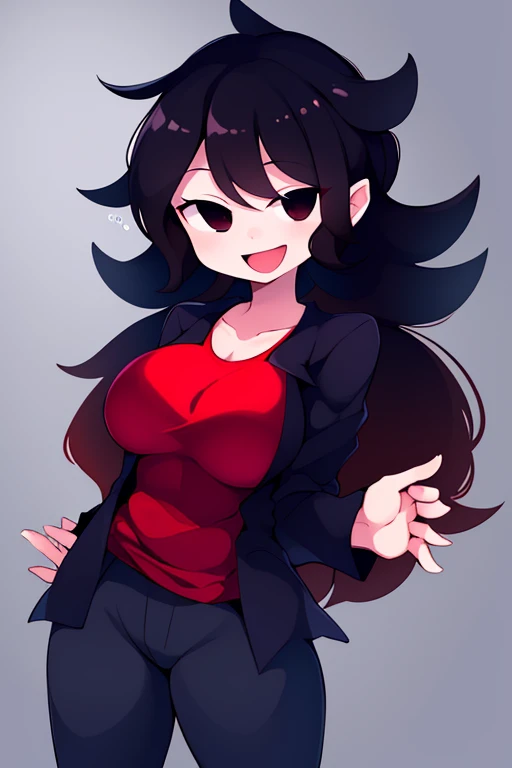 hypnolullabygf, 1girl, solo, black hair, jacket, pants, smile, red shirt, black eyes, open mouth, black jacket, large breasts, v...