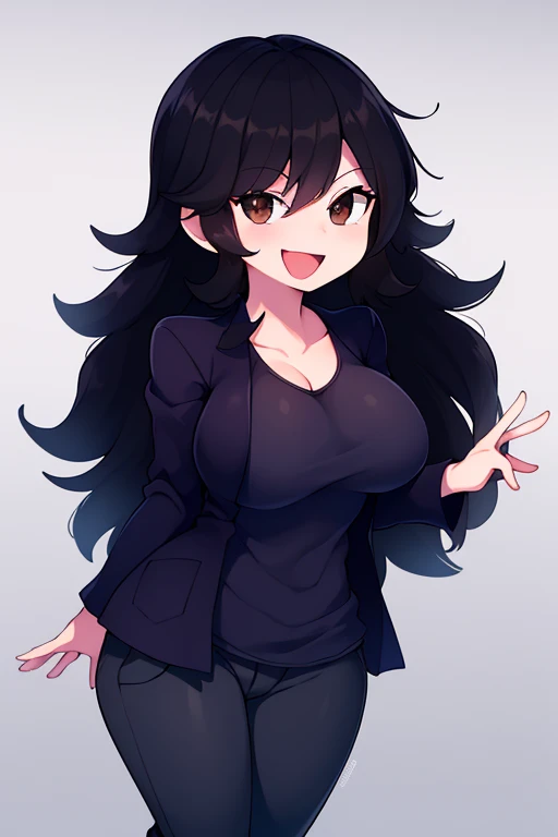 hypnolullabygf, 1girl, solo, black hair, jacket, pants, smile, grey shirt, brown eyes, open mouth, black jacket, large breasts, ...