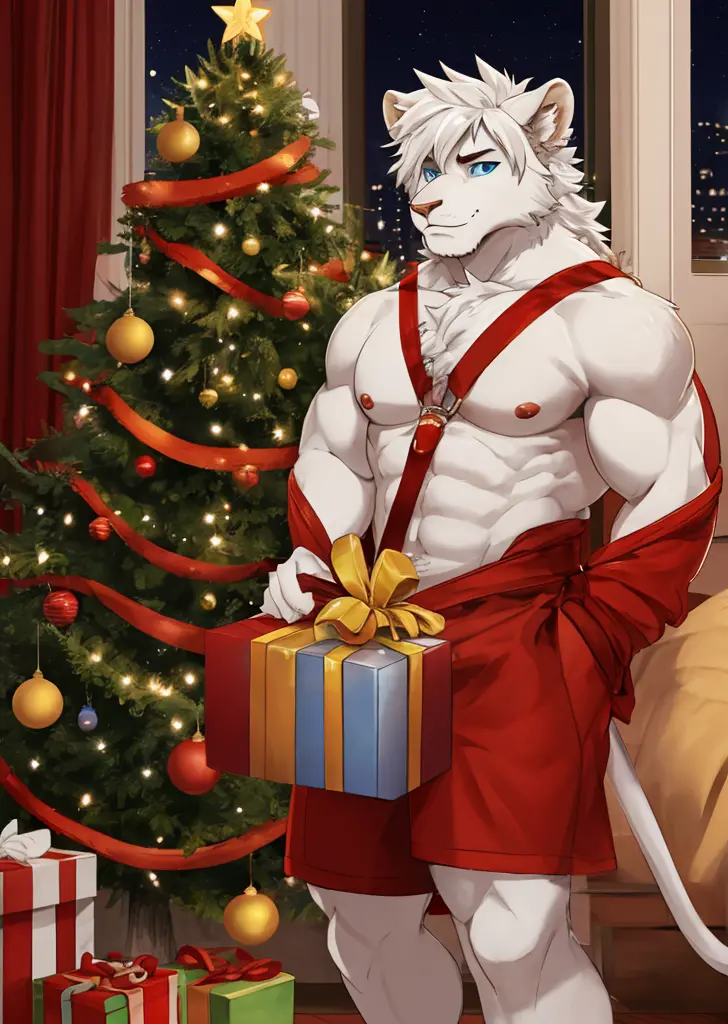 lion orcs，white furry fur，deep blue eyes，wearing traditional christmas clothes，carrying a gift bag，handsome boy，figure body，chri...