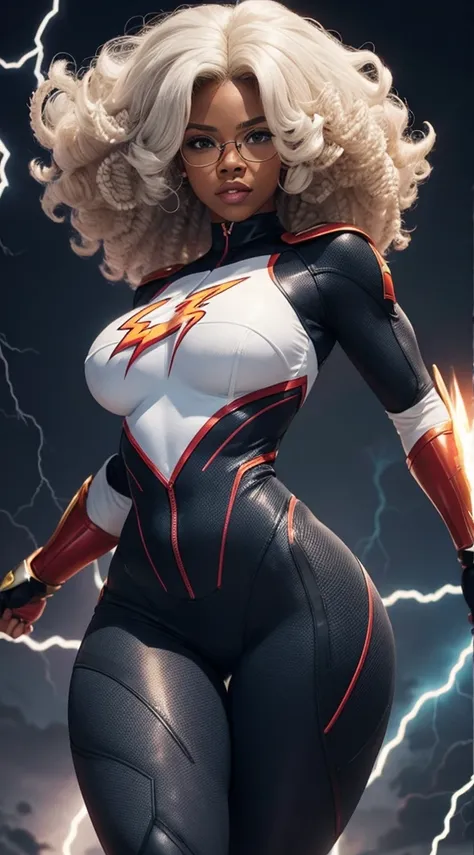 black super heroine with the power of lightning, white and curly hair, wears prescription glasses, large and perfect breasts, large and perfect butt, shapely legs and wears tight sexy clothes.