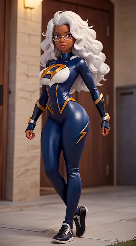 black super heroine with the power of lightning, white and curly hair, wears prescription glasses, large and perfect breasts, la...