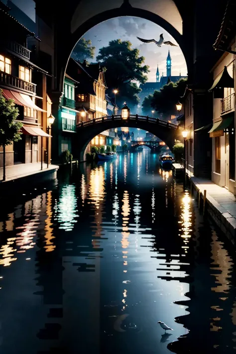 City of Water,Reflecting Buildings,Reflection shining on the surface of the water,Dynamic city skyline,Twinkling lights,Gentle canals,Waterfront Architecture,rich greenery,Boating activities,tranquil atmosphere,Soft pastel color palette,long exposure photo...