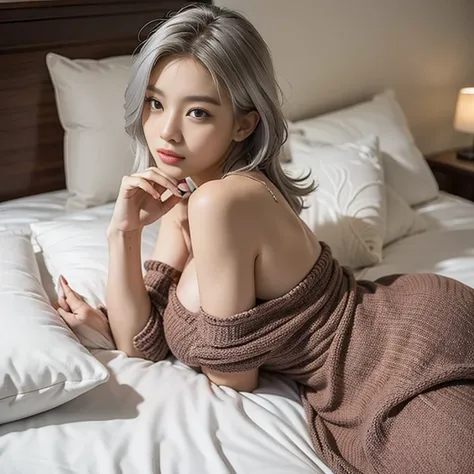 8K, Best Quality, masutepiece:1.2), (Photorealistic:1.4), Raw photo, Best Quality, 超A high resolution　a beauty girl　Beautiful butt　　gigantic cleavage breasts　tthin eyebrows　on the beds　(Huge breasts:1.2) 　Arch the back　Emphasis on the chest　silber hair　Sil...