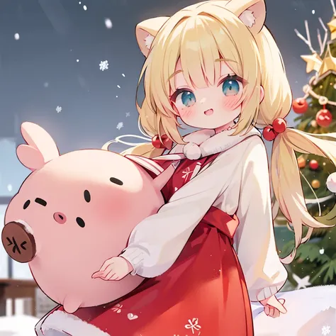 A clear-eyed girl with blond pigtails and round buns is smiling in front of a Christmas tree on a snowy day, wearing Rudolph ears and a beige dress.