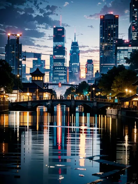 City of Water,Reflecting Buildings,Reflection shining on the surface of the water,Dynamic city skyline,Twinkling lights,Gentle canals,Waterfront Architecture,rich greenery,Boating activities,tranquil atmosphere,Soft pastel color palette,long exposure photo...