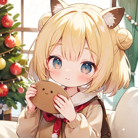 A clear-eyed girl with blonde bun hair is smiling in front of a Christmas tree on a snowy day, wearing Rudolph ears and a beige dress.