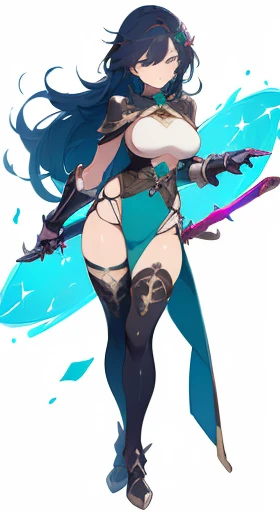 (((Best Quality))) , ((full body)), female, reference sheet, solo, (white background), holding staff or sword, gauntlets, thigh high, femloin, long hair, blue, red, green, violet, pink, white,