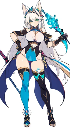 (((Best Quality))) , ((full body)), female, reference sheet, solo, (white background), holding staff or sword, gauntlets, thigh high, femloin, loin cloth, blue, red, green, violet, pink, white, leotard,