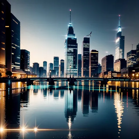 City of Water,Reflecting Buildings,Reflection shining on the surface of the water,Dynamic city skyline,Twinkling lights,Gentle canals,Waterfront Architecture,rich greenery,Boating activities,tranquil atmosphere,Soft pastel color palette,long exposure photo...