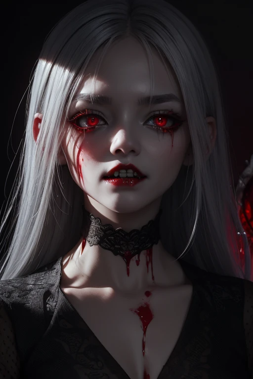 masterpiece.8K,ultraradetail,独奏,femele,silverhair,scary,((blood)),((fangs visible from lips))((Blood is dripping from the fangs))((brigt red eyes))upper body