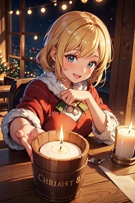 1girl, Christmas Gift, decorations, table, candles, warm lighting, exciting surprises, shiny, cozy atmosphere, joyful, cheerful, celebration, intricate, (best quality, masterpiece, Representative work, official art, Professional, unity 8k wallpaper:1.3)