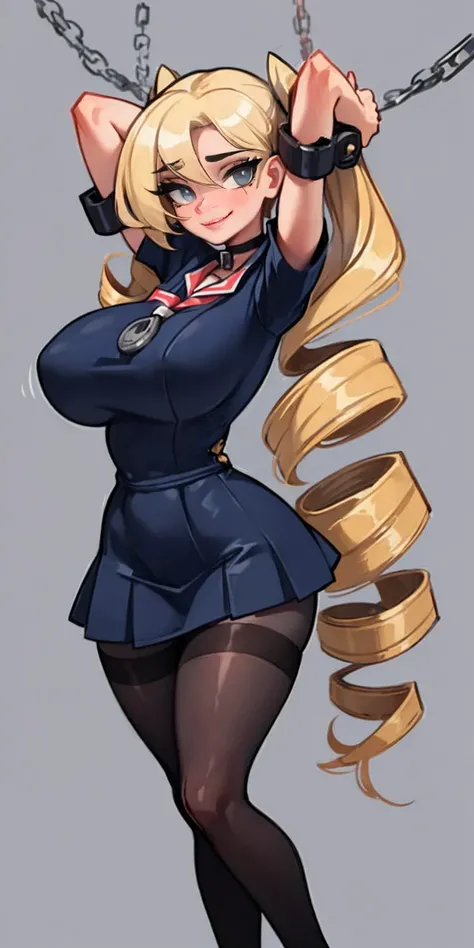 blonde, darkskin, gyaru, sly smile, huge breasts, school clothes, school uniform, bangs over eyes, masterpiece,best quality,1girl,mmplatz,twintails,twin drills,dress,blue pantyhose,striped pantyhose, Female, standing, straight, looking at viewer, handcuffs...