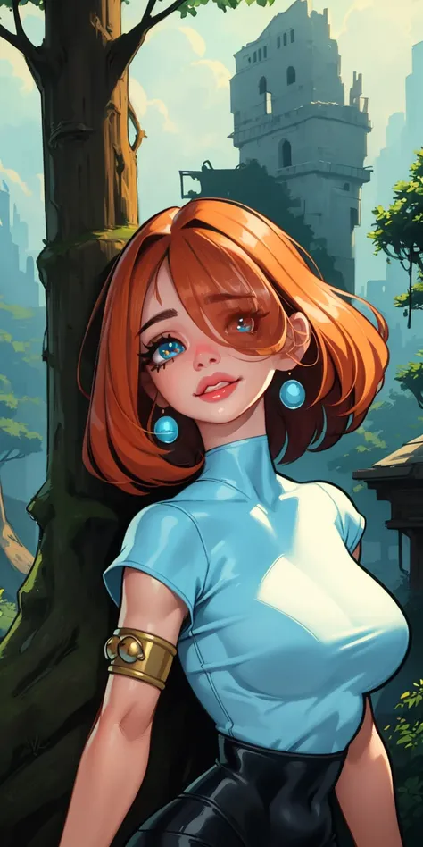 (best quality), (masterpiece), closeup, perfect lighting, (hair over one eye), perfect red eyes, (thick lips:1.3, slight smile:1), happy, horny, (blush:0.6), perfect lips, perfect face, ghibli style, Nausicaa (Nausicaa), 1girl, 30 y.o., armlet, bangs, oran...