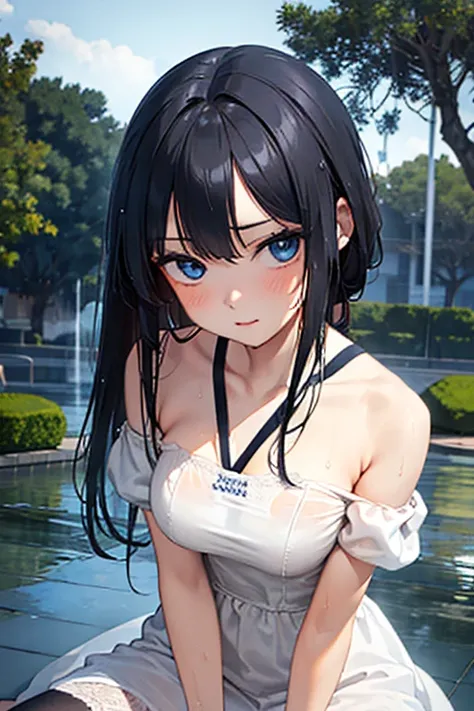 ((masterpiece, best quality)), 1girl, solo focus, shy, confused, black hair, blue eyes, ((wet clothes)), looking at viewer, upper body, dress, negligee, white legwear, realistic, large breast, sexy