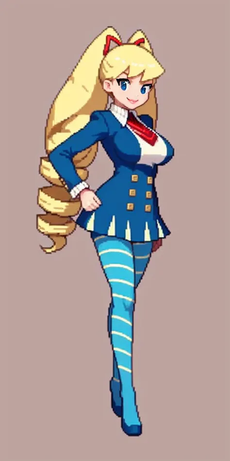 full body standing straight symmetrical, huge boob(masterpiece, best quality:1.2), cowboy shot, solo, 1girl, mmplatz, smile, looking at viewer, hands on hips, twintails, twin drills, dress, blue pantyhose, striped pantyhose, Handcuffs on their hands, With ...