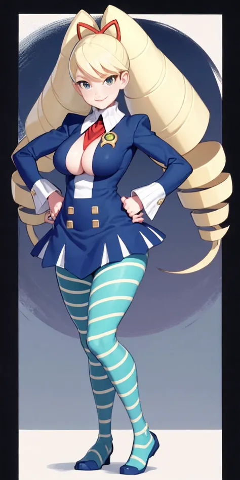 full body standing straight symmetrical, huge boob(masterpiece, best quality:1.2), cowboy shot, solo, 1girl, mmplatz, smile, looking at viewer, hands on hips, twintails, twin drills, dress, blue pantyhose, striped pantyhose, Handcuffs on their hands, With ...